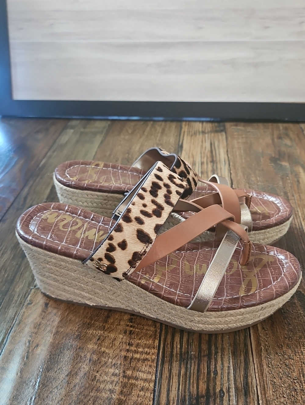 Sam Edleman Women’s Leopard Print Wedge Sandals in Tan and Gold